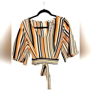 Striped V-Neck Striped Tie-Front Top